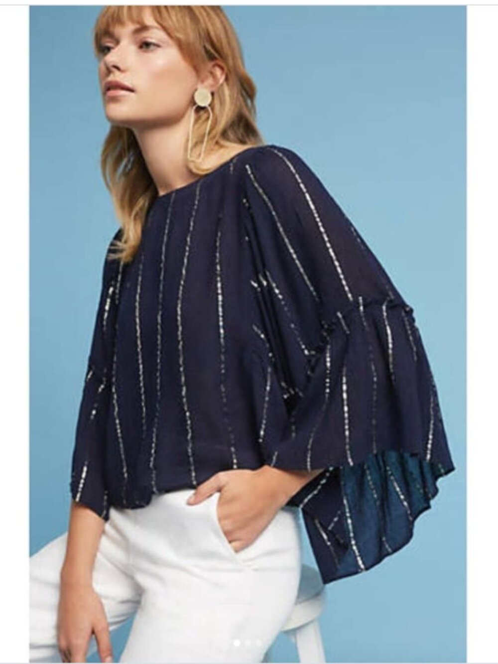 Navy Metallic Stripe boatneck Boho Blouse Bell Sleeve Peasant Top